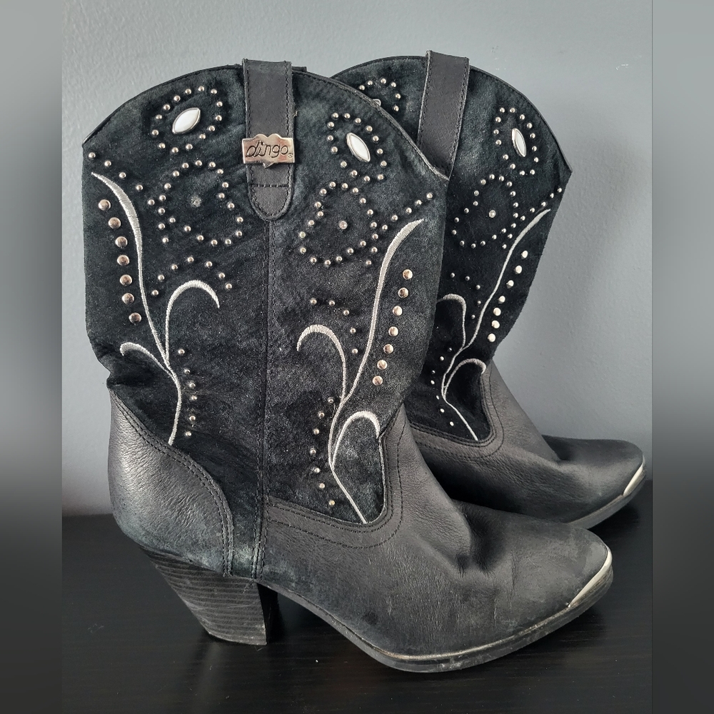 Dingo Cowboy Boots Black Leather Suede Heeled 8